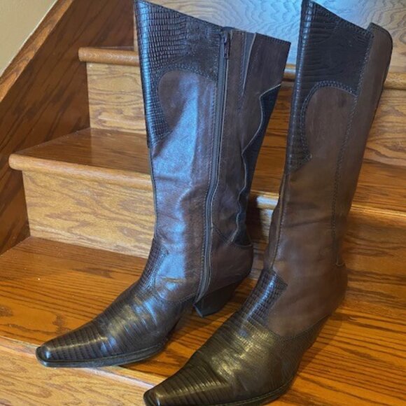 10M Vintage Cowboy Boots Leather  Upper, Croc Accents, Unique Squared Pointy Toe - Picture 1 of 4